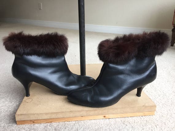 Vintage Black Leather Ankle Boots Fur Trim 1960 19