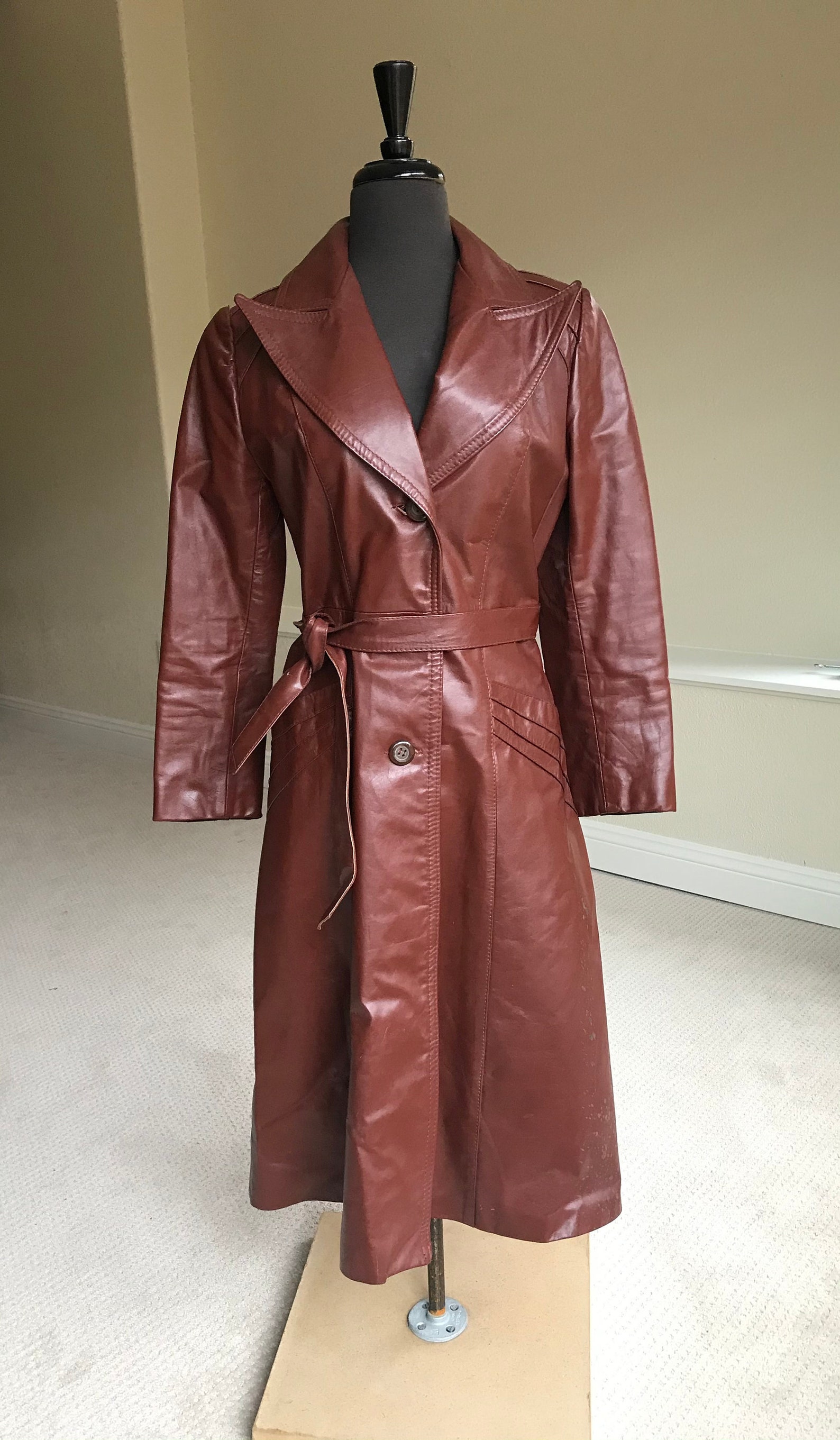 Vintage Modern Rust Brown Leather Trench Coat Belted - Etsy