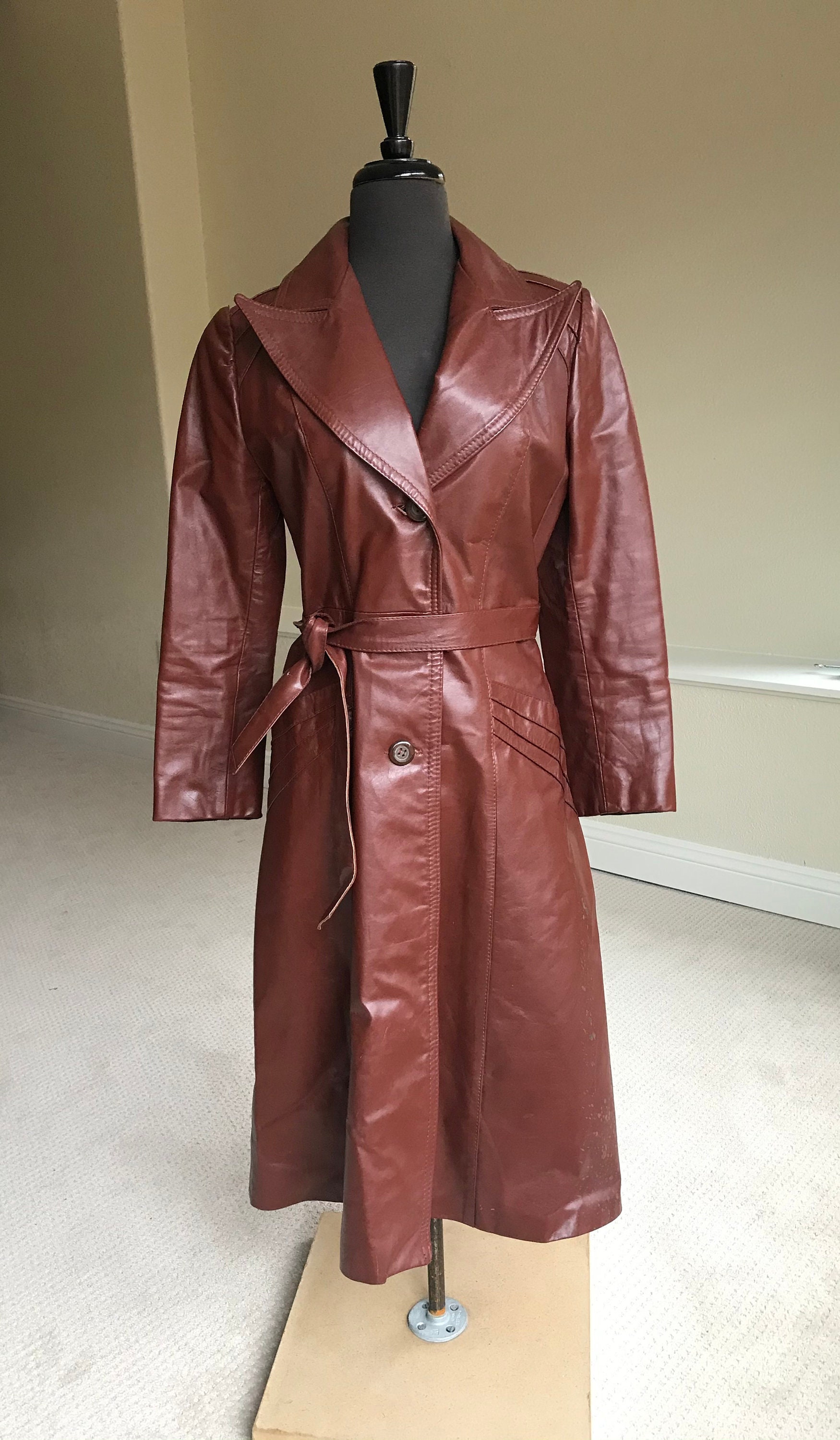 Vintage Modern Rust Brown Leather Trench Coat Belted | Etsy