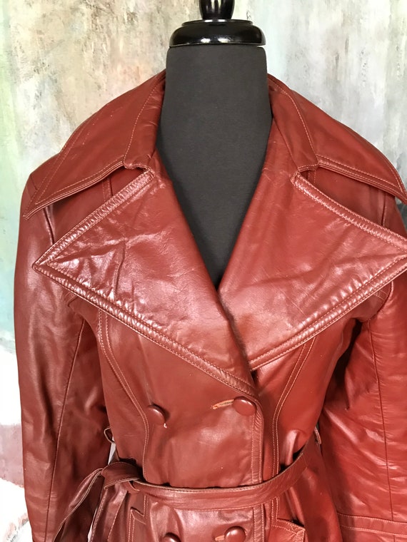 Vintage Brown Mahogany Leather Trench Coat Jacket… - image 8
