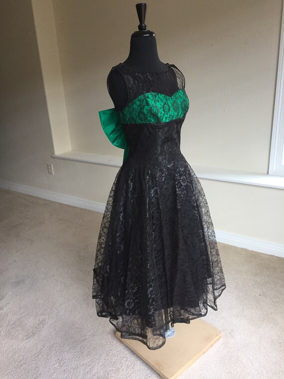 Vintage Black Lace Green Satin Bow Tea Dress - image 5