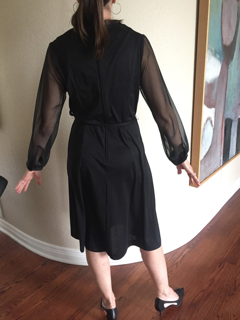 Vintage Black Disco Dress Sheer Sleeves Belted Modern image 3