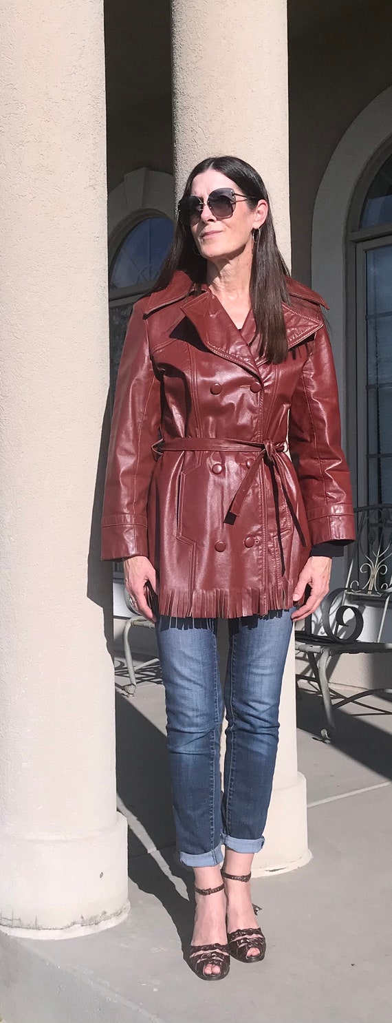 Vintage Brown Mahogany Leather Trench Coat Jacket… - image 2