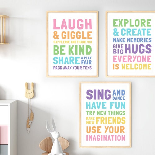 Kids Playroom Printable Art Set of 3 Playroom Rules Toy Room Etsy