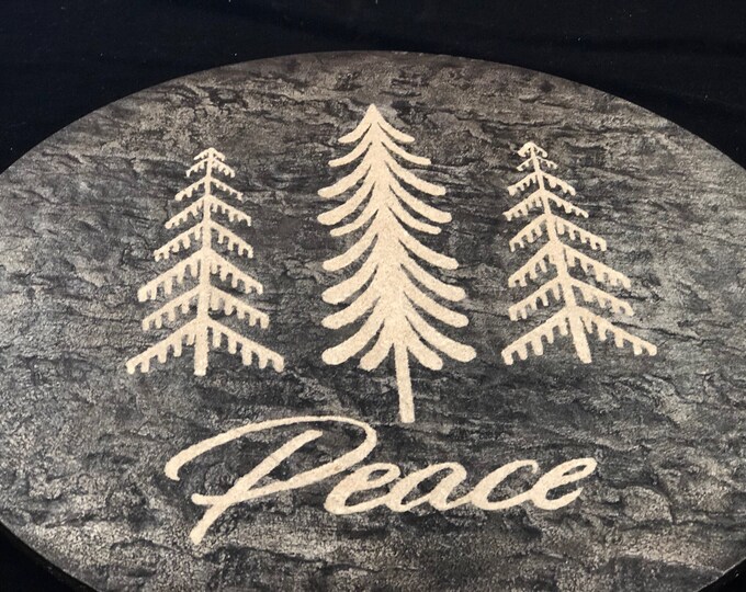 Textured Concrete Lazy Susan Featuring Hand Engraved Trees and "Peace"  on a Black Background 24" diameter
