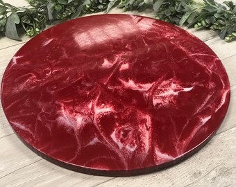 Concrete Lazy Susan / Ottoman Tray Enhanced with a Decorative Epoxy Coating - 18" diameter Red/White