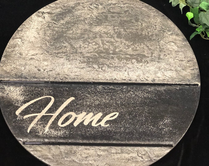 Textured Concrete Lazy Susan Featuring "Home" engraved and a subtle Epoxy Inlay - Charcoal Gray/Black in color 21-1/4" diameter
