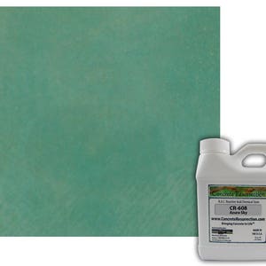 May include: A white plastic bottle of Concrete Resurrección reactive acid chemical stain in the color Azure Sky. The bottle has a label with the company's name, website, and product information.