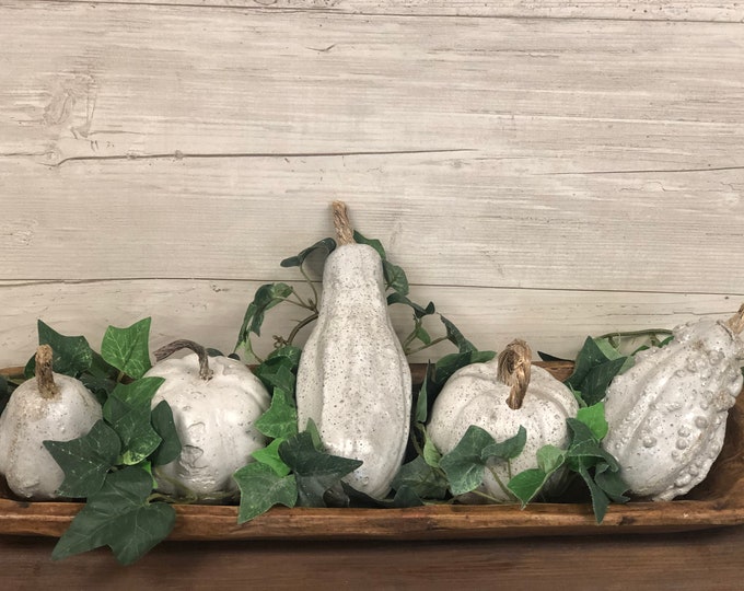 Dough Bowl Centerpiece with Concrete Gourds and Pumpkins