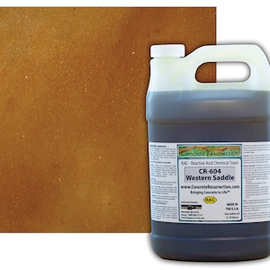May include: A gallon jug of Concrete Resurrection CR-604 Western Saddle Reactive Acid Chemical Stain. The stain is a dark brown color. The label says "Bringing Concrete to Life".