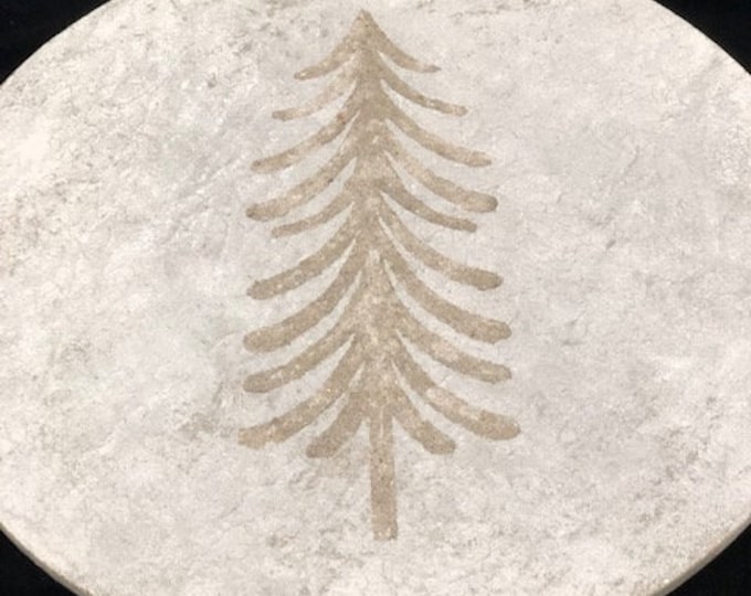 Stone Textured Concrete Lazy Susan, Ottoman Tray with Hand Engraved Tree.  Indoor or Outdoor use.