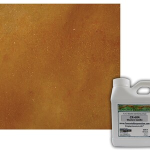May include: A white plastic bottle of Concrete Resurrection CR-604 Western Saddle Reactive Acid Chemical Stain. The bottle label has a brown background with white text. The stain is used to color concrete.