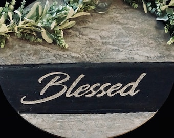 Textured Concrete Lazy Susan Featuring "Blessed" engraved and a subtle Epoxy Inlay - Gray Washed with Black accent 21-1/4" diameter