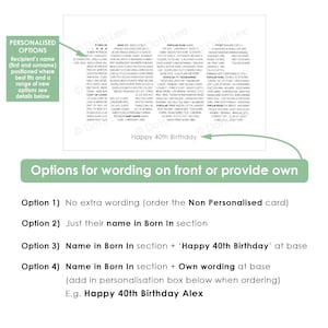May include: A white rectangular greeting card featuring black text detailing historical facts from 1986, including categories like Born In, News, Popular Films, and Sport. The card includes customizable text options for a recipient's name and a birthday message.