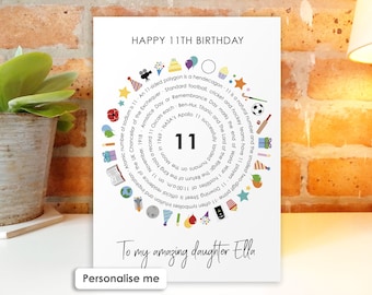 Personalised 11th Birthday Card for Son, Daughter, Grandson, Granddaughter, Niece, Nephew, 11 Year Old Unique Fact Card Keepsake Gift Age 11