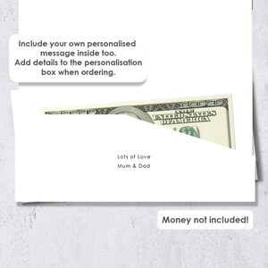 May include: A white greeting card with a diagonal pocket containing a one hundred dollar bill. The card features the text 'Lots of Love Mum & Dad', 'Include your own personalised message inside too. Add details to the personalisation box when ordering.', and 'Money not included!'.