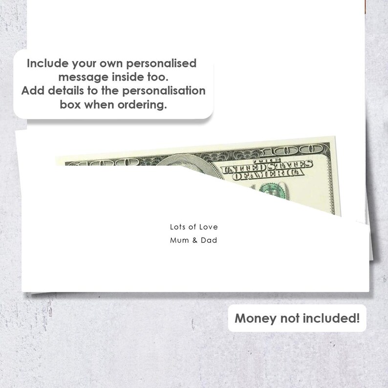 May include: A white greeting card with a diagonal pocket containing a one hundred dollar bill. The card features the text 'Lots of Love Mum & Dad', 'Include your own personalised message inside too. Add details to the personalisation box when ordering.', and 'Money not included!'.