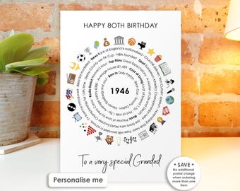 Personalised 80th Birthday Card Print • 1946 Year Facts • Age 80 Milestone Gift for Him Her Husband Wife Mum Dad Grandad Grandma Uncle Aunt