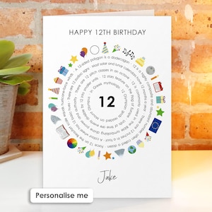 May include: A white birthday greeting card with the text HAPPY 12TH BIRTHDAY at the top and the name Jake at the bottom. The center features a large number 12 surrounded by a circular arrangement of colorful icons and facts about the number 12.