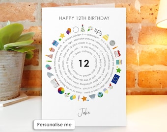 May include: A white birthday greeting card with the text HAPPY 12TH BIRTHDAY at the top and the name Jake at the bottom. The center features a large number 12 surrounded by a circular arrangement of colorful icons and facts about the number 12.