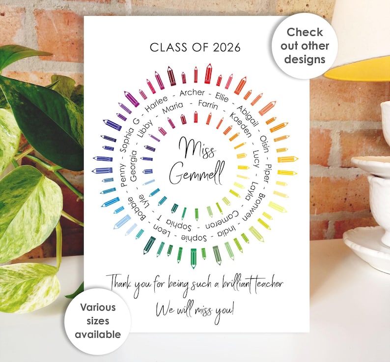 Thank You Teacher Card • Personalised Class Present Group Gift • Leaving Teacher Appreciation Nursery Whole Class Gift, Circle Class of 2026 Pencils