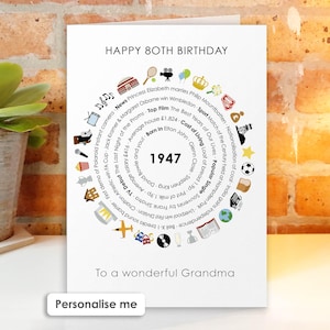 May include: A white greeting card with the text HAPPY 80TH BIRTHDAY at the top and To a wonderful Grandma at the bottom. The center features the year 1947 surrounded by a circular arrangement of historical facts and colorful icons.