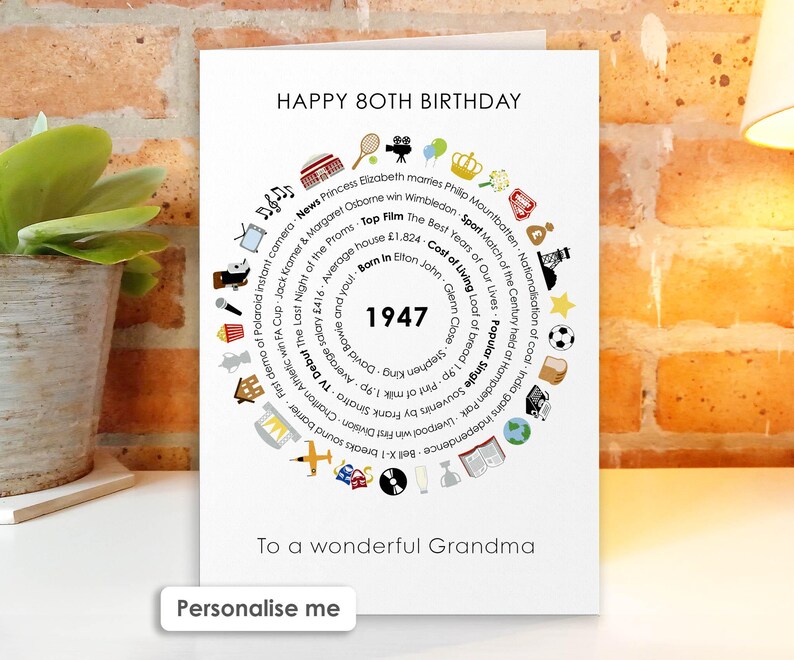 May include: A white greeting card with the text HAPPY 80TH BIRTHDAY at the top and To a wonderful Grandma at the bottom. The center features the year 1947 surrounded by a circular arrangement of historical facts and colorful icons.