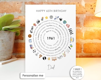 Personalised 65th Birthday Card/Print • 1961 Year Facts • Age 65 Unique Custom Gift for Him Her Husband Wife Mum Dad Brother Sister Friend
