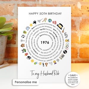 May include: A white rectangular birthday card featuring the text HAPPY 50TH BIRTHDAY at the top and To my Husband Rob at the bottom. The center displays the year 1976 surrounded by a circular arrangement of historical facts and colorful icons.