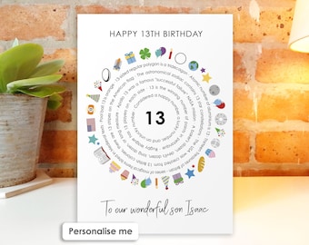 Personalised 13th Birthday Card • Teenager Facts Design • 13th Card for Son, Daughter, Grandson, Granddaughter, Niece Nephew Thirteen Age 13