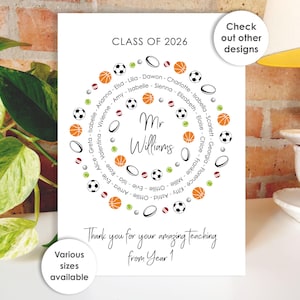 Thank You Teacher Card • Personalised Class Present Group Gift • Leaving Teacher Appreciation Nursery Whole Class Gift, Circle Class of 2026 Sport balls