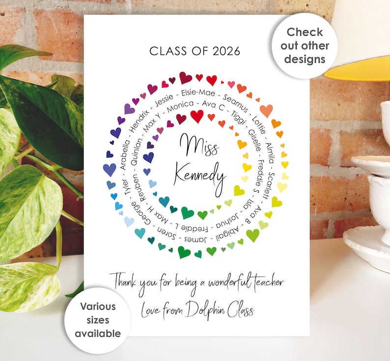 Thank You Teacher Card • Personalised Class Present Group Gift • Leaving Teacher Appreciation Nursery Whole Class Gift, Circle Class of 2026 Hearts