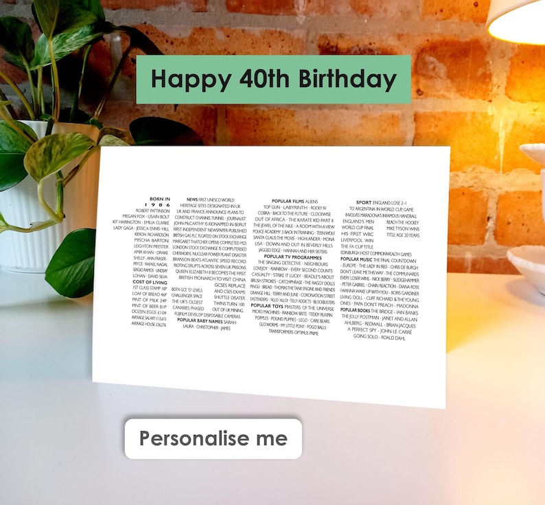 May include: A white rectangular card featuring black text detailing historical facts from 1986, including popular films, music, and cost of living. The card has a green header that reads Happy 40th Birthday and a white button graphic that says Personalise me.