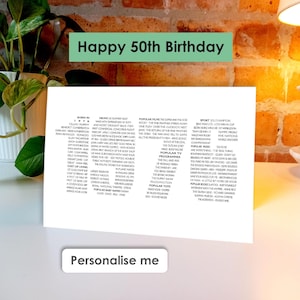 K&ouml;nnte beinhalten: Eine wei&szlig;e Karte mit der Aufschrift "Happy 50th Birthday" und Fakten aus dem Jahr 1974. Der Text "Personalise me" ist ebenfalls vorhanden. Der Hintergrund ist eine Backsteinmauer.