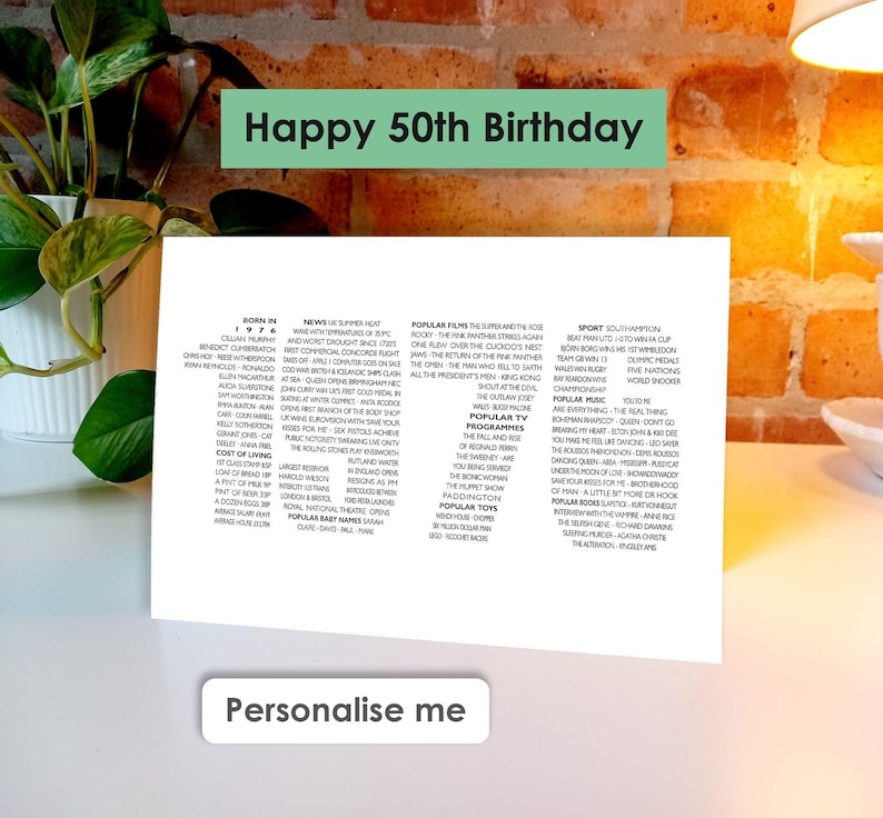 K&ouml;nnte beinhalten: Eine wei&szlig;e Karte mit der Aufschrift "Happy 50th Birthday" und Fakten aus dem Jahr 1974. Der Text "Personalise me" ist ebenfalls vorhanden. Der Hintergrund ist eine Backsteinmauer.