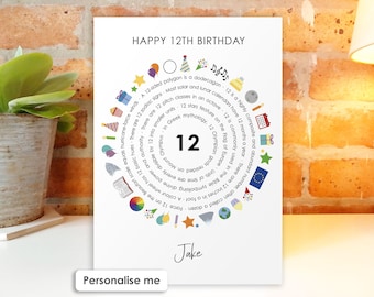 Personalised 12th Birthday Card for Son, Daughter, Grandson, Granddaughter, Niece, Nephew, 12 Year Old Unique Fact Card Keepsake Gift Age 12