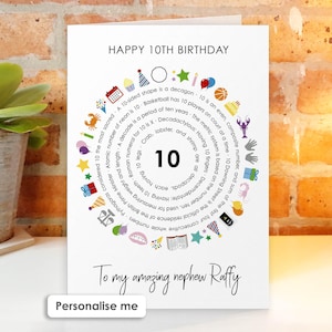 May include: A white birthday card with the text HAPPY 10TH BIRTHDAY at the top and To my amazing nephew Raffy at the bottom. The center features the number 10 surrounded by a circular arrangement of facts about the number ten and colorful icons.
