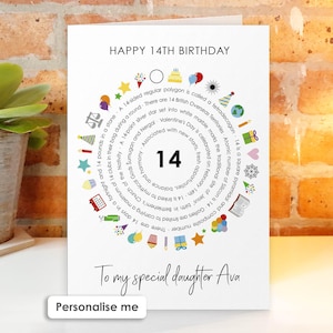 May include: A white greeting card with the text HAPPY 14TH BIRTHDAY at the top and To my special daughter Ava at the bottom. The center features the number 14 surrounded by a circular ring of facts and colorful icons including stars, balloons, and gifts.