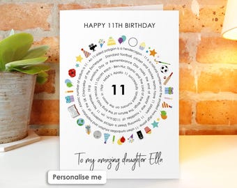 May include: A white birthday greeting card with the text HAPPY 11TH BIRTHDAY at the top and To my amazing daughter Ella at the bottom. The center features the number 11 surrounded by a circular list of facts about the number 11 and icons.
