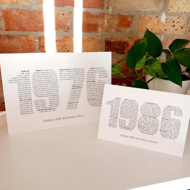 May include: Two white rectangular greeting cards featuring black printed text detailing historical facts from 1976 and 1984. The larger card reads Happy 50th Birthday Chris, and the smaller card reads Happy 40th Birthday Stuart, both in a clean font.