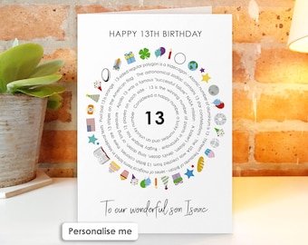 May include: A white birthday card with the text HAPPY 13TH BIRTHDAY at the top and To our wonderful son Isaac at the bottom. The center features the number 13 surrounded by a circular arrangement of facts and colorful icons like stars and gifts.