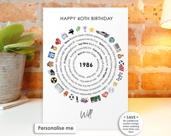 Personalised 40th Birthday Card or Print • 1986 Year Born Facts • Unique Gift for Him, Her Husband Wife Brother Sister Son Daughter Age 40