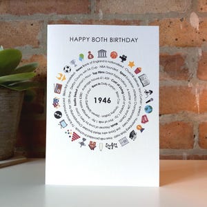 May include: A white greeting card with the text HAPPY 80TH BIRTHDAY at the top and 1946 in the center. A circular design surrounds the year, featuring various colorful icons and historical facts about the year 1946, including pop culture references, sports, and economic data.