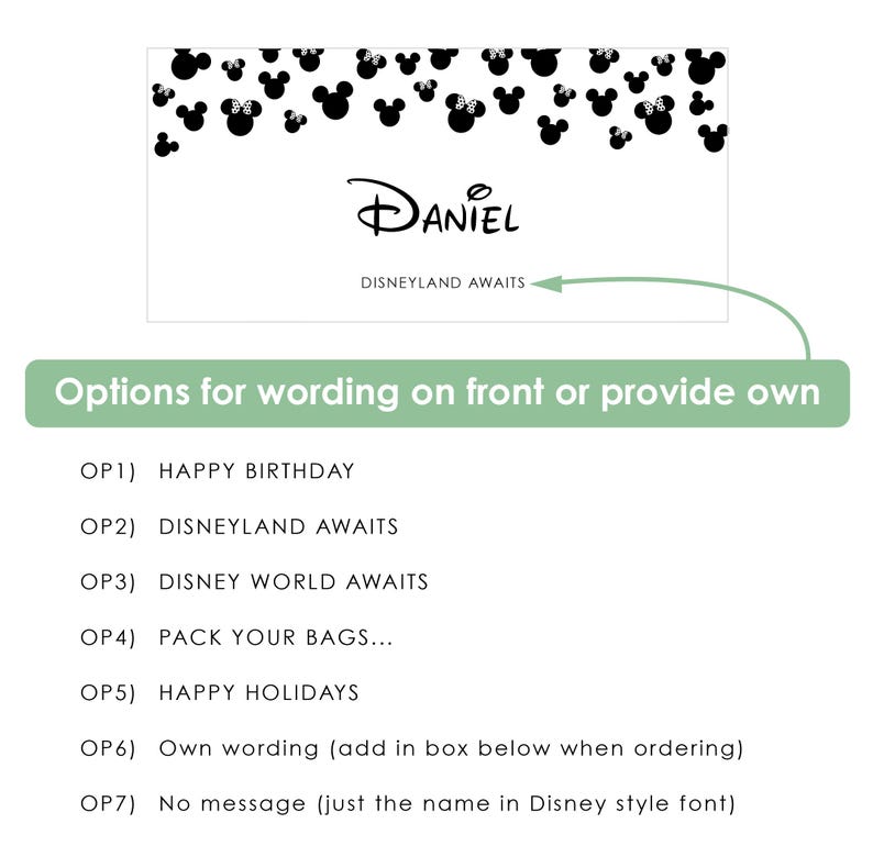 May include: A rectangular white card featuring a black Mickey Mouse and Minnie Mouse head pattern along the top edge. The center displays the name Daniel in a stylized font, with the text Disneyland Awaits printed below it.