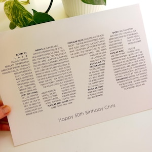 K&ouml;nnte beinhalten: Eine Geburtstagskarte zum 50. Geburtstag von Chris. Auf der Karte sind Ereignisse aus dem Jahr 1976 aufgef&uuml;hrt, darunter Filme, Musik und Nachrichten. Die Karte enth&auml;lt Namen wie Cillian Murphy und Titel wie "Rocky" und "Bohemian Rhapsody".