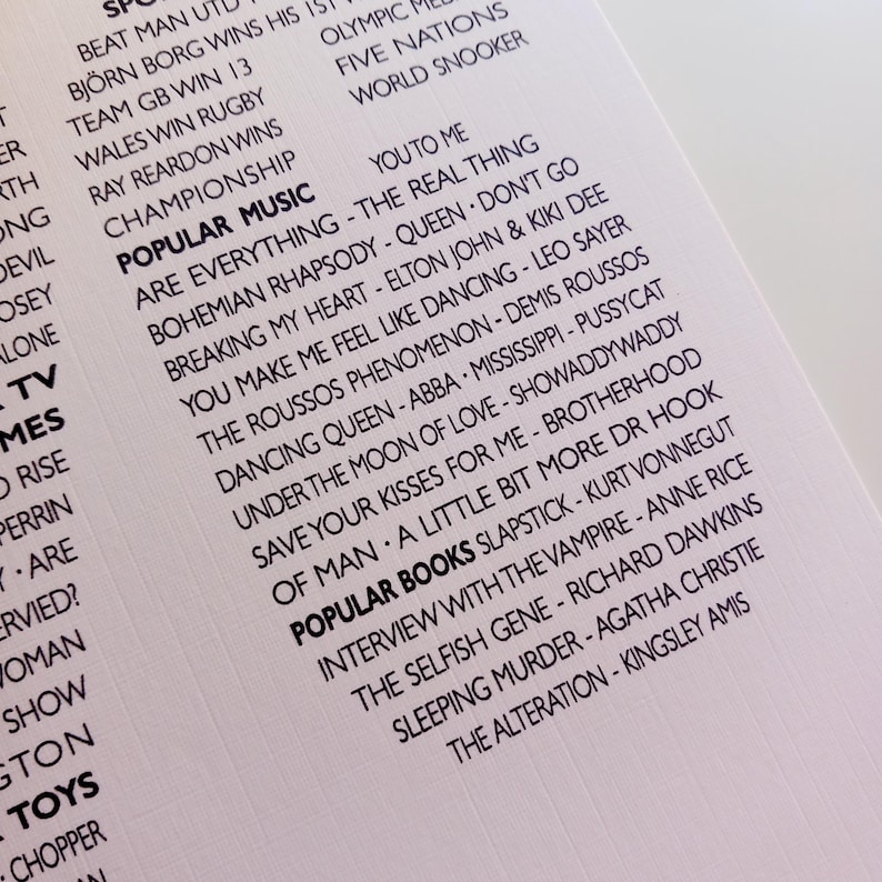 K&ouml;nnte beinhalten: Nahaufnahme eines wei&szlig;en Papiers mit schwarzem Text. Der Text listet beliebte Musik und B&uuml;cher auf, darunter Songtitel wie "Dancing Queen" und Buchtitel wie "The Selfish Gene". Das Papier hat eine strukturierte Oberfl&auml;che.