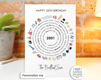 Personalised 25th Birthday Card or Print • 2001 Year Facts • Twenty Five Gift for Friend Son Daughter Niece Nephew • Age 25 Gift for him her