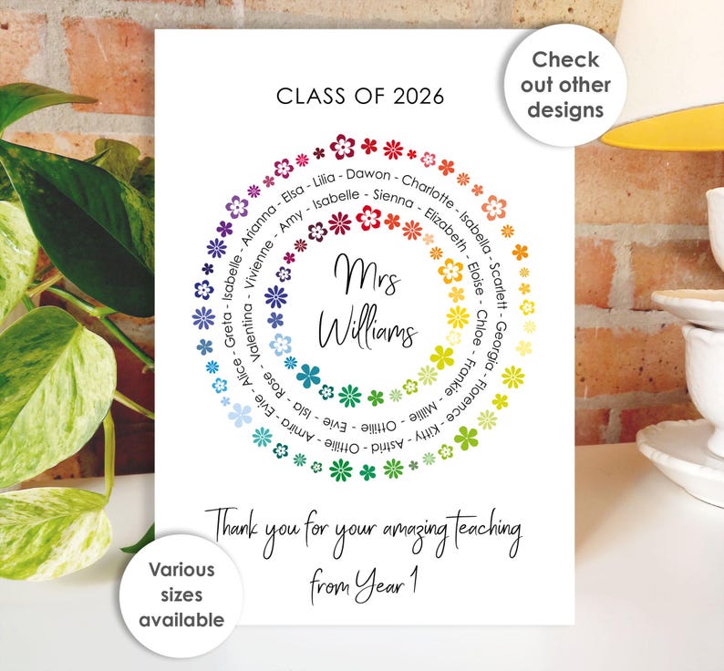 Thank You Teacher Card • Personalised Class Present Group Gift • Leaving Teacher Appreciation Nursery Whole Class Gift, Circle Class of 2026 Flowers