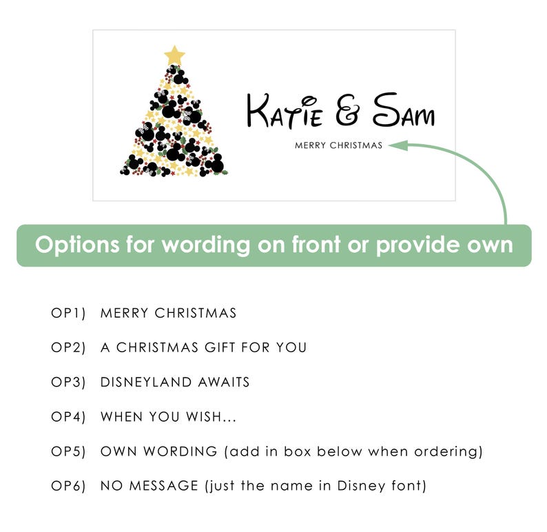 May include: A rectangular graphic featuring a Christmas tree composed of black, gold, and white circular icons, topped with a gold star. The text reads Katie & Sam and MERRY CHRISTMAS. Below, a list of six text options for customisation is provided.