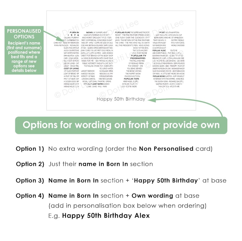 K&ouml;nnte beinhalten: Eine wei&szlig;e Gru&szlig;karte mit Textoptionen f&uuml;r einen 50. Geburtstag. Die Karte bietet Personalisierungsoptionen, wie das Hinzuf&uuml;gen eines Namens oder eines individuellen Textes. Ein gr&uuml;nes Banner zeigt Textoptionen an.